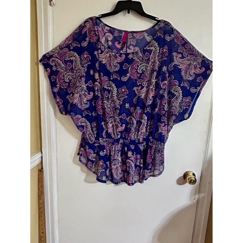 Pure Energy Size 3 Plus Navy Pink Paisley Peplum Tunic Blouse Top Elastic Sheer